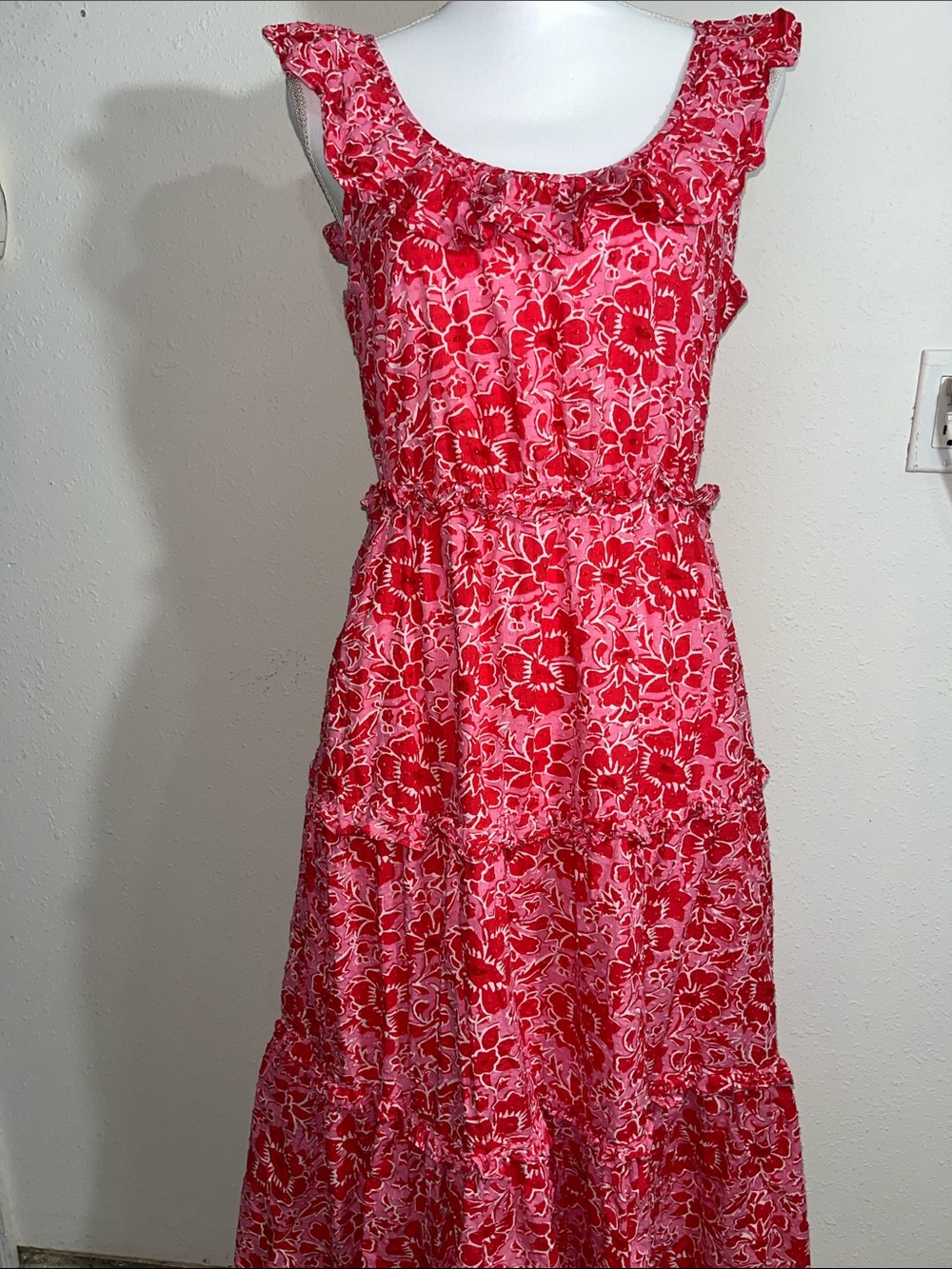 J. Crew Pink and Red Floral Ruffle Tiered Dress
